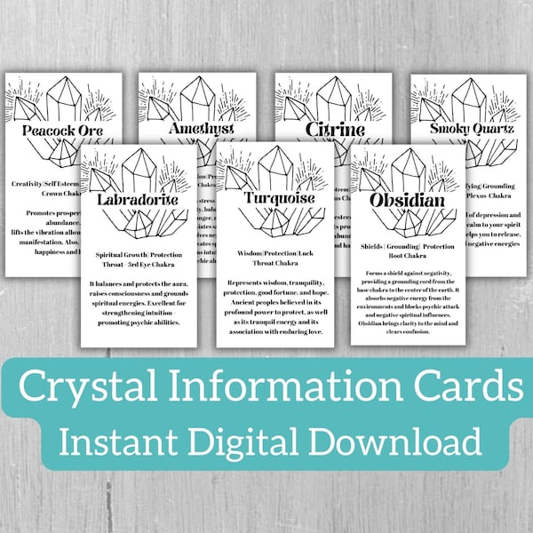 Set of 28 Instant Download Crystal Meaning Cards, Crystal Gemstone Printables, Printable Gemstone Meaning Cards, Crystal Information Cards
