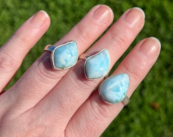 Larimar Rings- Stamped 925 Silver Band- Larger Larimar Rings- Larimar Calming Energy-