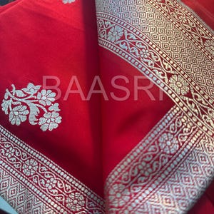 Red Indian Banarasi Saree | Plain blouse Silver Zari Border and Pallu | Katan Silk Saree Indian Gift Wedding Designer saree