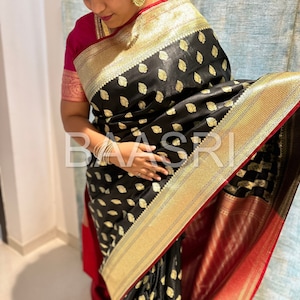 Black and Gold Banarasi Silk Saree Contrast Red Blouse Wedding Gift