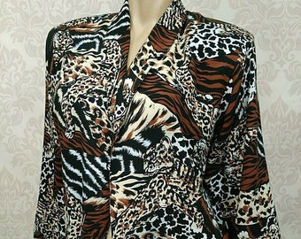 Vintage 80s Animal Print Blazer Jacket Size M Open Front Leopard Tiger Rayon