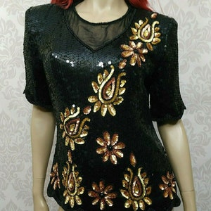 Vintage 80s Stenay Sequin Silk Top Blouse Size S M Black Gold Bronze Cocktail