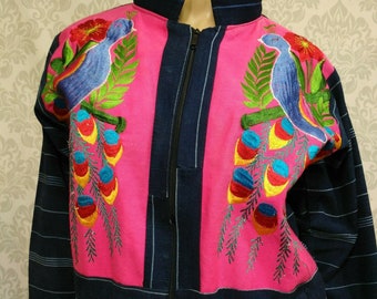 Embroidered Peacock Cotton Jacket Ecuador Womens Size M L Blue Striped Pink