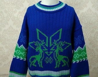 Vintage Steffner Austrain Wool Nordic Sweater size L Blue Green pullover Jumper