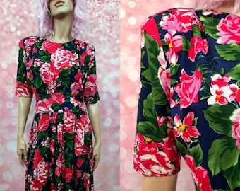 Vintage 80s Floral Rose Dress Size M With Pockets Caroline Wells Pink Blue Midi