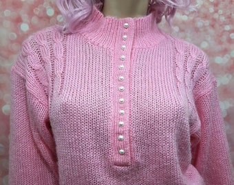Vintage 80s Sweater Size S Bubblegum Pink Mock Neck Acrylic Pullover Pastel Kawaii Fairy Kei Faux Pearl Buttons