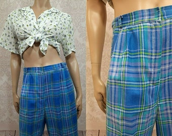 Vintage 80s Blue Plaid Bermuda High Waisted Shorts Womens Size S Pleated Front Pockets