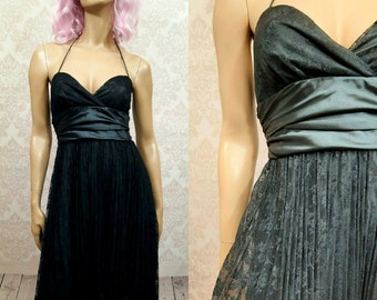 Vintage Betsey Johnson New York Black Pleated Lace And Satin Halter Dress Party Cocktail