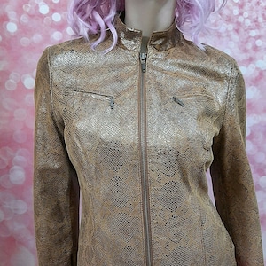 vintage Y2K Metallic Snake Print Leather Jacket Womens Size M Tan Beige