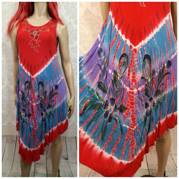 Vintage 90s Tie Dye Floral Dress One Size Sleeveless Loose Fit Red Purple Blue Batik Print Swing Tent Kaftan Lounge