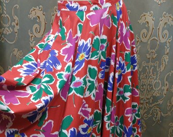 Vintage 60s Floral Full Circle Midi Skirt Size S Handmade Green Blue Pink