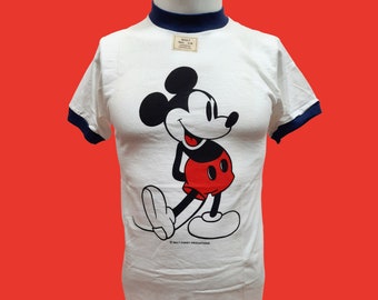 Vintage 70s Disney Mickey Mouse Ringer T Shirt Deadstock Size S White