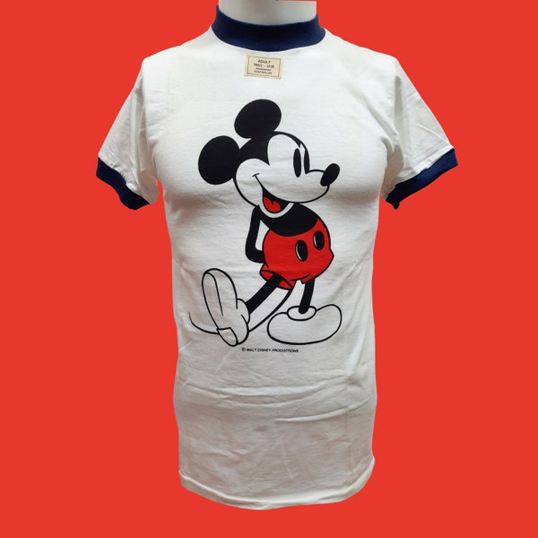 Vintage 70s Disney Mickey Mouse Ringer T Shirt Deadstock Size S White