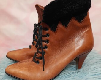 80s Genuine Leather Booties Women Ankle Boots Salamander Size 39 Boots Black Leather Boots With Faux Fur Vintage Flat Ankle Booties