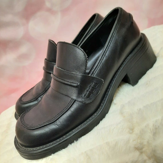 Vintage 90s Chunky Loafers Womens Size 7 black Lea