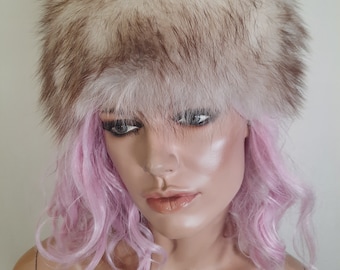 Vintage Fox Fur Hat Arctic White Grey Mod Winter Russian