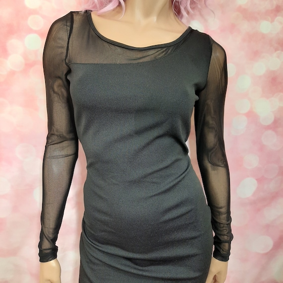 Y2K Black Mesh Sleeve Bodycon Dress Size M Stretch Above Knee Goth Grunge 2000s
