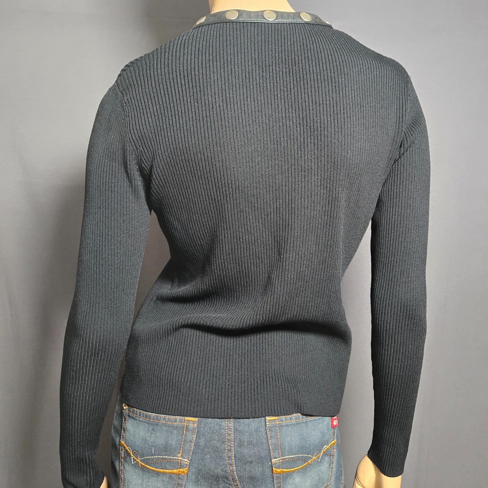 Y2K Black Ribbed Sweater Silver Snap Buttons Leather Trim Size S