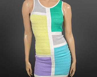 Y2K Colorblock Knit Bodycon Mini Dress Size S Colorful Sleeveless Yellow White