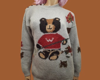 Vintage 90s Wool Teddy Bear Sweater size m Beige Brown Autumn Fall Leaves Cute