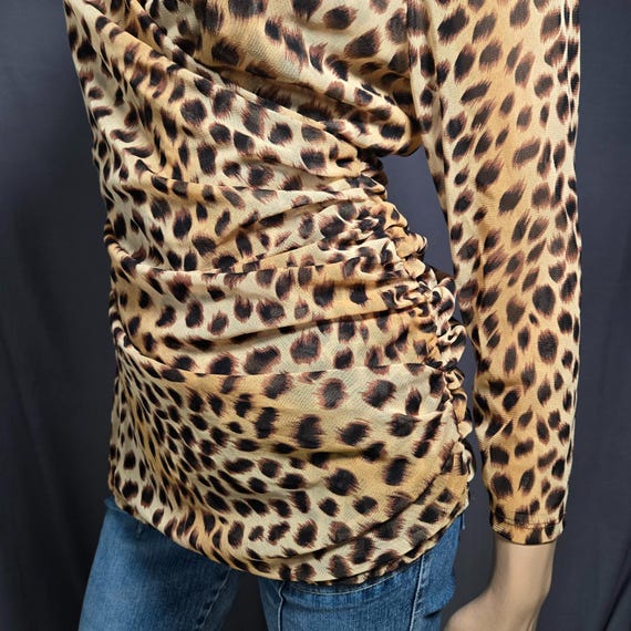 Y2K Mesh Leopard Print Top Size L Ruched V Neck W… - image 6