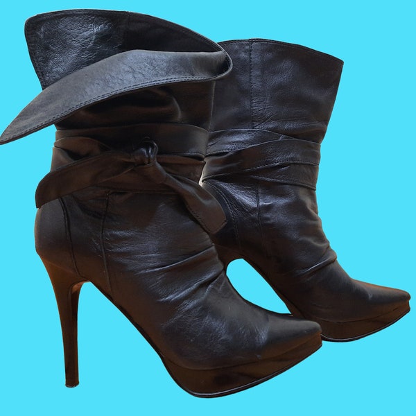 Y2K Aldo Black Leather Booties Pointed Toe Stiletto Fold Over Wrap Around Tie Boots Size 36 US 6
