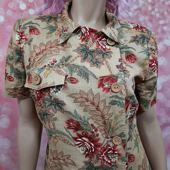 Vintage 90s Donna Morgan Floral Shirt Dress Size 8 Linen Cotton