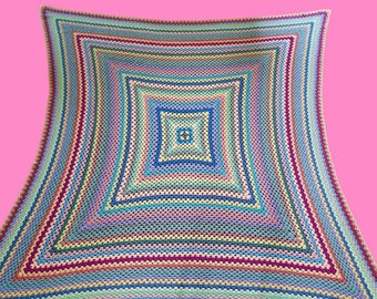 Vintage Crochet Afghan Blanket Large Pastel Multi Color Square Throw 95" x 95"