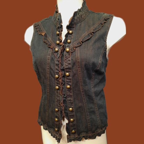 Vintage 90s Denim Vest Womens 14 Brown Dirty Wash Ruffled Stretch Military Grunge Gothic Cowgirl