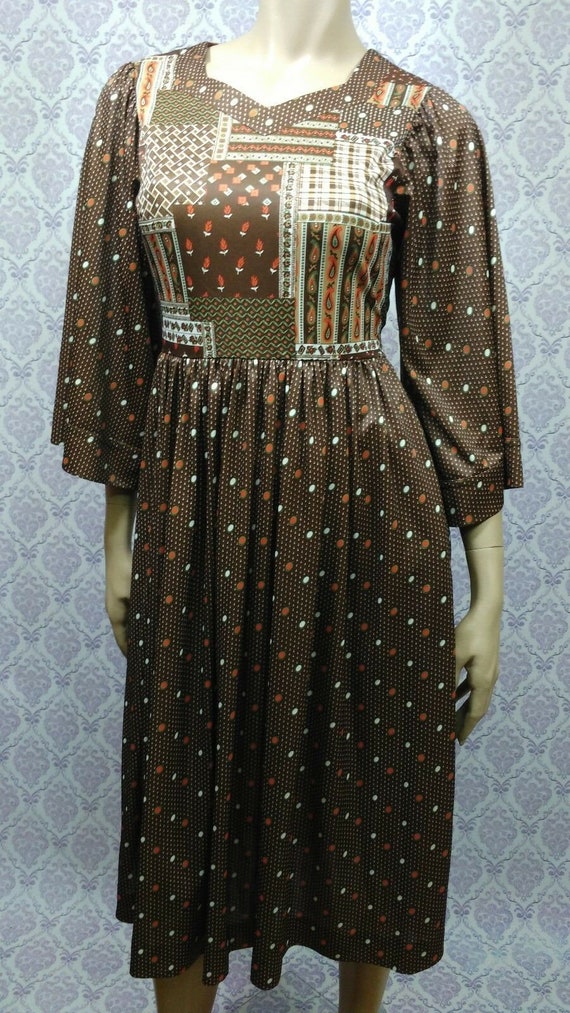 Vintage 70s Midi Dress With Pockets Size S Brown … - image 1