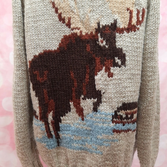Vintage 50s Cowichan Wool Hand Knit Moose Cardigan