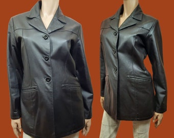Vintage 90s Y2k Leather Jacket Dark Brown Mid Length Size S Button Up