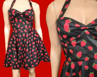 Ixia ModCloth Strawberry Print Dress S Retro 50s Rockabilly Fit Flare Mini Black