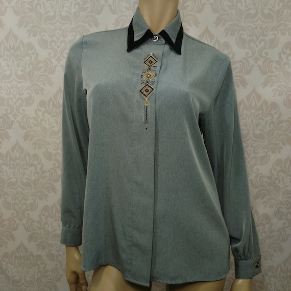 Vintage 80s Gray Aztec Embroidered Blouse Womens … - image 2
