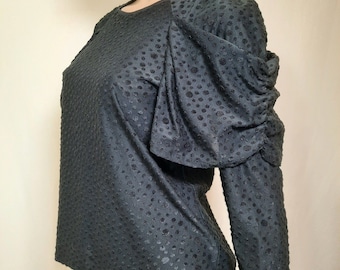 Vintage 80s Blouse Black Ruched Puff Sleeves Womens M Textured Dots