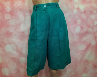 Vintage 80s Long Bermuda Walking Shorts Size S High Waisted Turquoise Blue