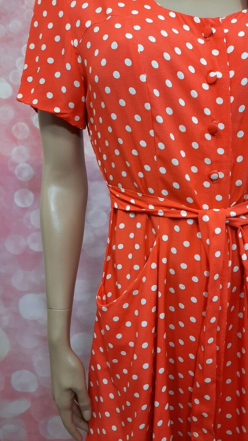 Vintage 80s Orange Polka Dot Dress Size S Short Sleeve Knee Length With Pockets