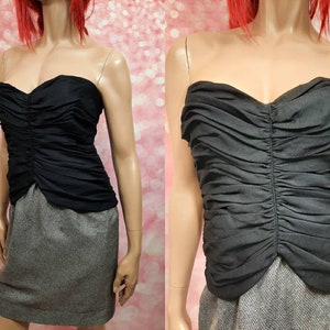 Vintage 80s Flora Kung Strapless Dress Size M Black Grey Party Cocktail Silk Wool