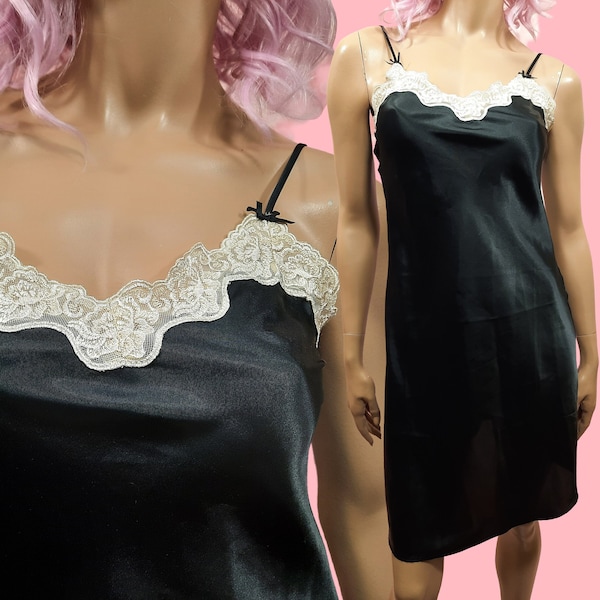 Y2K Black Satin Slip Dress Lace Trim Size S Lingerie Goth Grunge