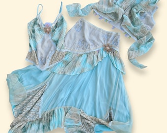 Vintage LM LULU Patricia Forgeal Chiffon Beaded 3 piece Mermaid Fairy Set, Top Skirt Jacket, size S