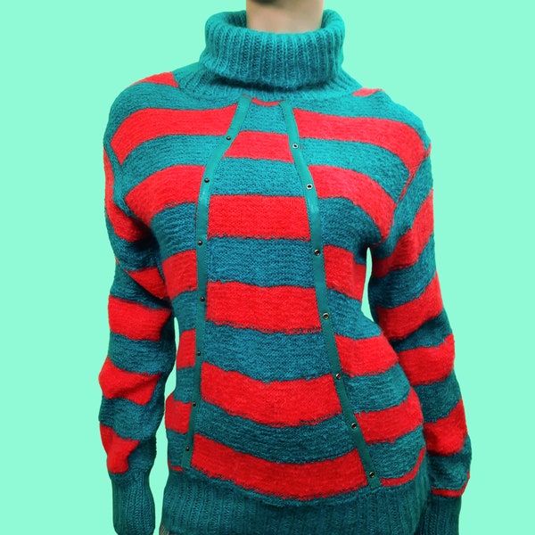 Vintage 80s Sweater mohair Blend New Wave Bright Funky Stripes Leather Trim Turquoise Coral Size M Italy