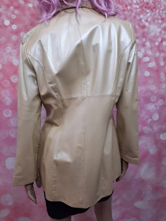 Vintage 90s Y2k Leather Jacket Metallic Beige Mid… - image 8