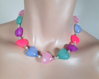 Vintage Resin Hearts Choker Necklace Multi Candy Color Rainbow Cute