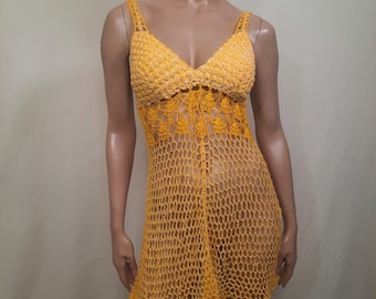 Vintage Yellow Crochet Mini Dress S Boho Festival Beach Cover Up Sleeveless