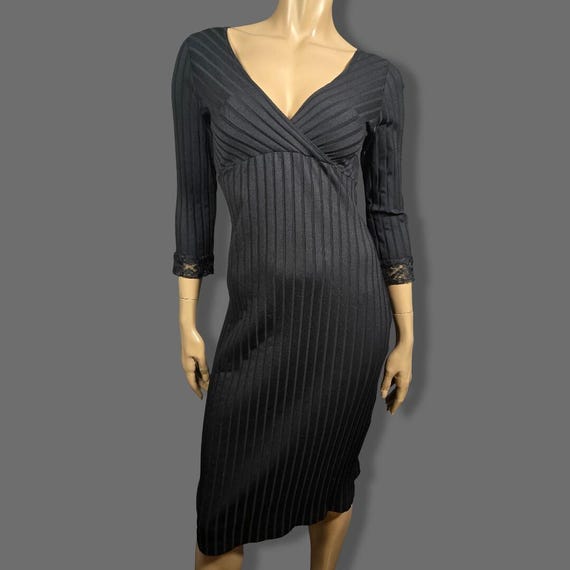 Vintage Bebe Moda Black Ribbed Pencil Wiggle Dress Lace Trim Size L Stretch Midi