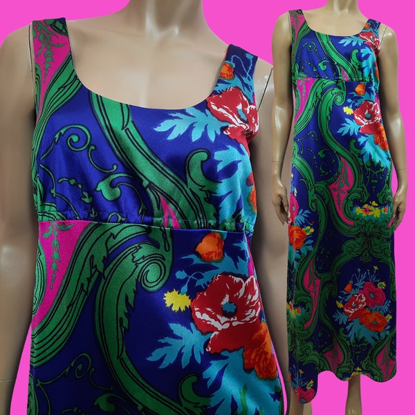 Vintage 60s Mod Floral Sleeveless Maxi Sundress Lounge Dress Empire Waist Size M/L