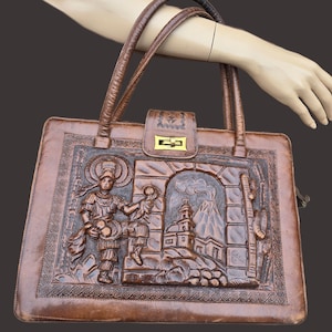 Vintage des années 70, maya mexicaine en cuir repoussé sac à main sac à bandoulière marron poignée supérieure