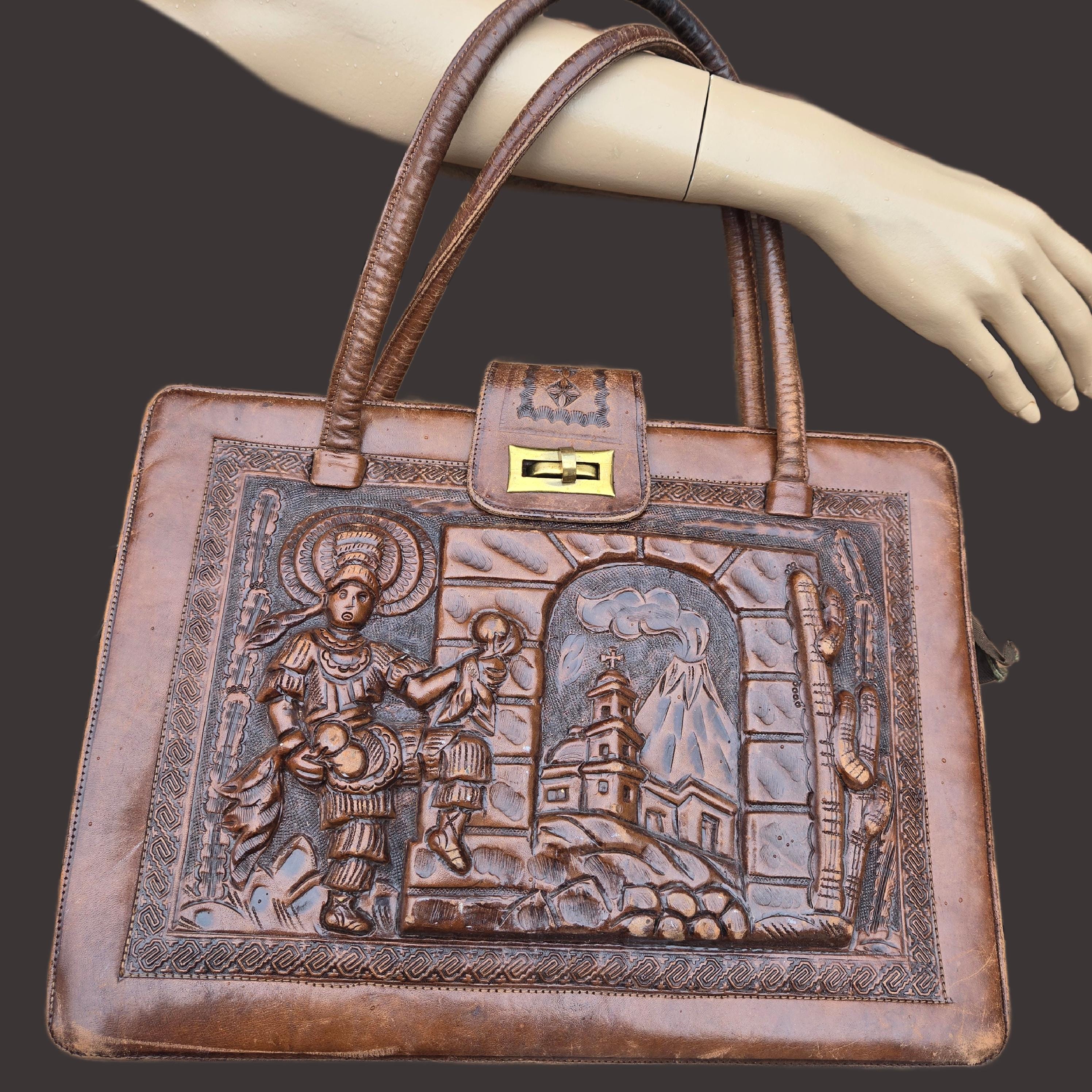 ７０Ｓ　レザーバッグ　ビンテージ　ハンドメイド ヴィンテージ 70年代 メキシコ マヤ 型押しレザー ハンドバッグ