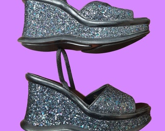 Vintage 90s Le Chateau Black Glitter Platform Wedge Sandals Glam Heels US Size 8 EUR 39