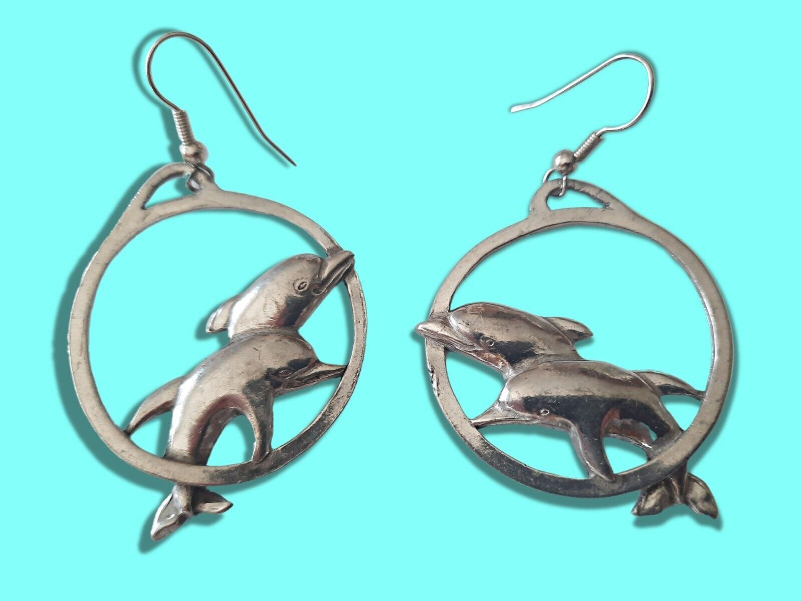 Vintage 90s Pewter Dolphin Earrings 1.5 Inch Round Hoops Etsy Canada